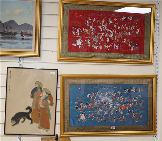 A Chinese figural pith painting and two Chinese embroideries